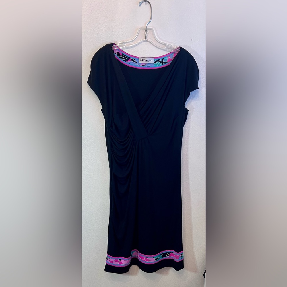 Leonard Paris Black Viscose Dress V Neck Medium Italian Size 42 EUC US Sz M